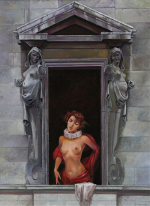 Ireneo Janni, Le tre grazie (Omaggio alla città di Ascoli Piceno), 2014, olio su tavola, cm 103x76